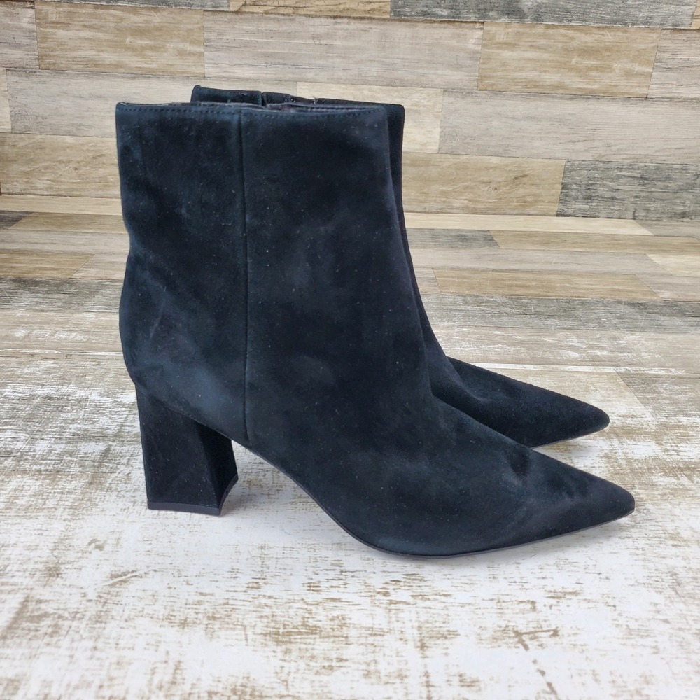 Marc Fisher Sela Bootie Womens Sz 9 Black Suede Side Zip Pointed Toe Block Heel